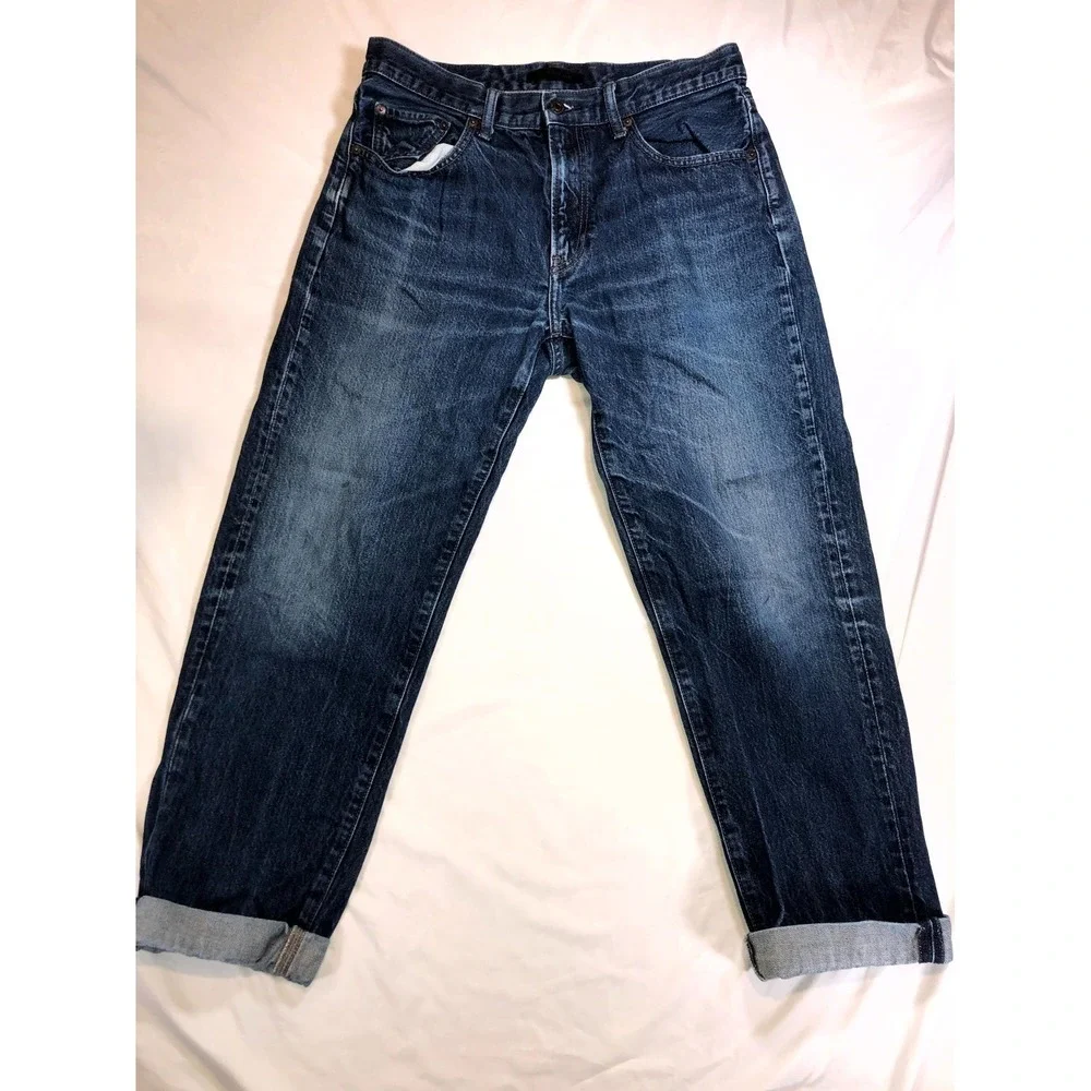 Uniqlo Tapered Jeans Mens 32 Blue Denim Faded Regular Fit Cuffed Hem 418939